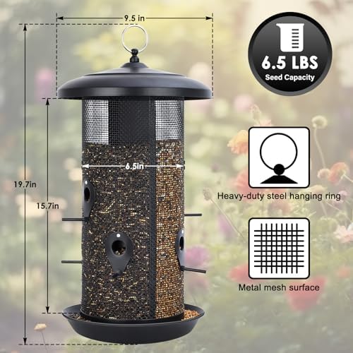 Gtongoko Bird Feeders for Outdoors, All Metal Mesh Tube Bird Feeder | Up to 10 LB Large Capacity Hanging Bird Feeder with Dual Seed Compartments