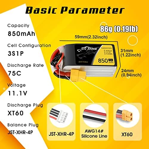 TATTU 850mAh 11.1V 75C 3S LiPo Battery Pack with XT60 Plug for Multirotor FPV 150 180 Size Quadcopter