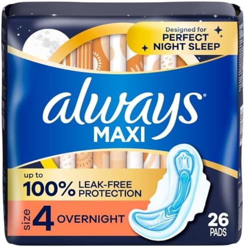 Always Maxi Overnight Feminine Pads with Wings for Women, Size 4, Overnight Absorbency, Unscented, Up to 100% Leak-Free Protection, 48 Count