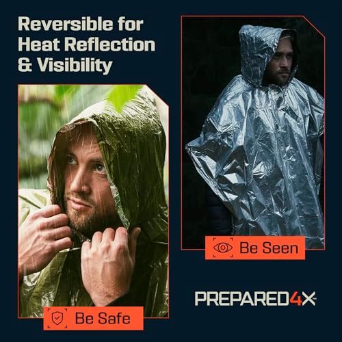 PREPARED4X Emergency Mylar Poncho – Survival Rain Poncho with Hood – Lightweight, Compact, Reusable Emergency Blanket Poncho for Hiking, Camping