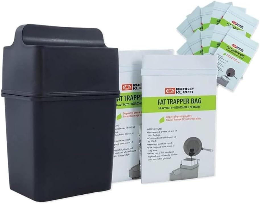 Fat Trapper System/Grease Storage Container with TWELVE Disposable Grease Bags for Bacon Grease and Kitchen Cooking Oil Disposal
