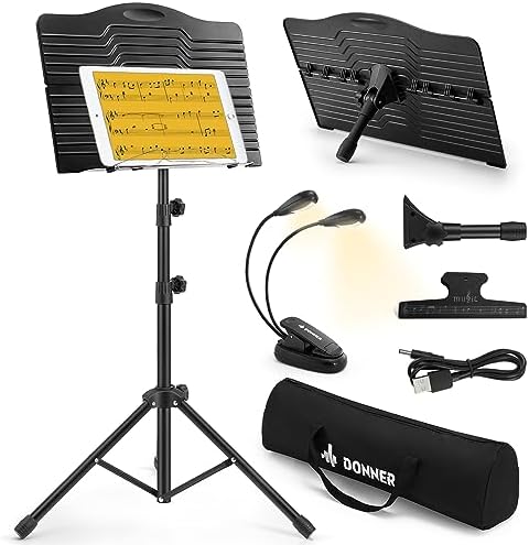 Donner DMS-1 Sheet Music Stand with Light & Carrying Bag | Portable Metal Music Stand, Tabletop Music Book Stand for Guitar, Ukulele, Violin Players