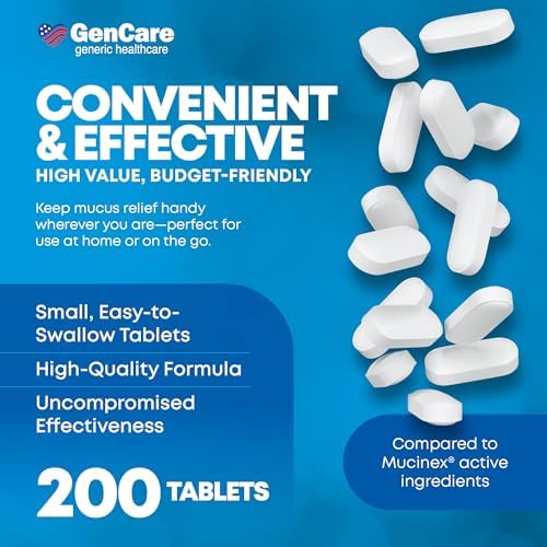 GenCare Mucus Relief Expectorant Guaifenesin 400mg, 200 Tablets | Compares to Mucinex; fast-acting expectorant, chest congestion relief