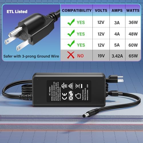12V Charger for ARCADE1UP Riser Cocktail Table Arcade 1up Game Machine | Power Cord Adapter for Arcade1up RYJ0136PAU0 RYJ0136PAU1 RYJ0136PAU2