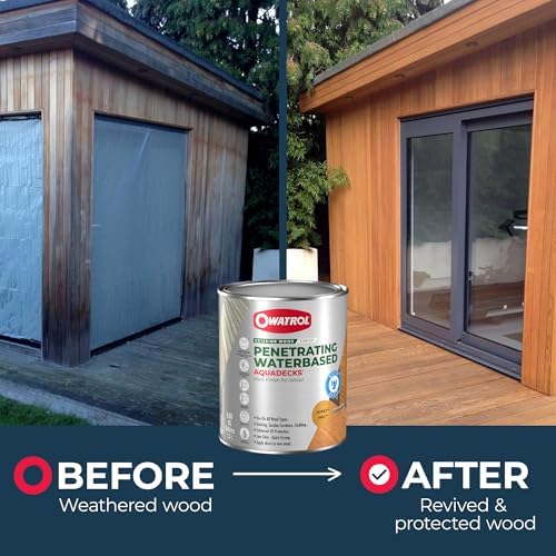 OWATROL Aquadecks, Wood Stain and Sealer, Matt Finish, 85 Oz, Teak | Protects Wood from UV & Moisture, Wood Stain & Sealer for Decks, Fences & Furniture, Water-Based, Won't Peel or Flake, Matt