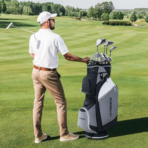 ULTIMATE Golf Cart Bag w/14 Way Top Dividers, Lightweight Golf Stand Bag w/Rain Hood & 7 Zippered Pockets Including a Cooler Pocket, Umbrella Holder