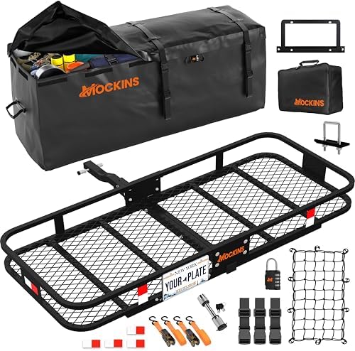 Mockins 500 lb. Capacity Folding Luggage Rack for SUV Car Truck ATV & More | Steel Trailer Hitch Cargo Carrier 60"x20"x6" w/ 16 Cu Ft Waterproof