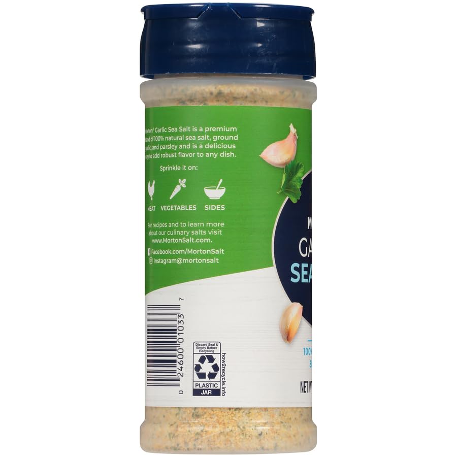 Morton Garlic Sea Salt, Seasoning Blend, 8.5 oz, 1 Pack | with ground garlic and parsley, no MSG, multi-pack shaker for spice rack, grilling seasoning