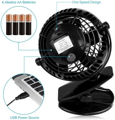 Gazeled Clip on Fan Battery Operated, 360° Rotation, with 8 Free AA Batteries, Quiet USB or Battery Operated Fan