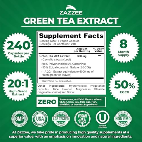 Zazzee Extra Strength Green Tea 20:1 Extract, 50% EGCG, 150 Vegan Capsules | 98% Polyphenols, 80% Catechins, 5 Month Supply, Certified Kosher, Antioxidant & Metabolism Support, Non-GMO, Made in the USA