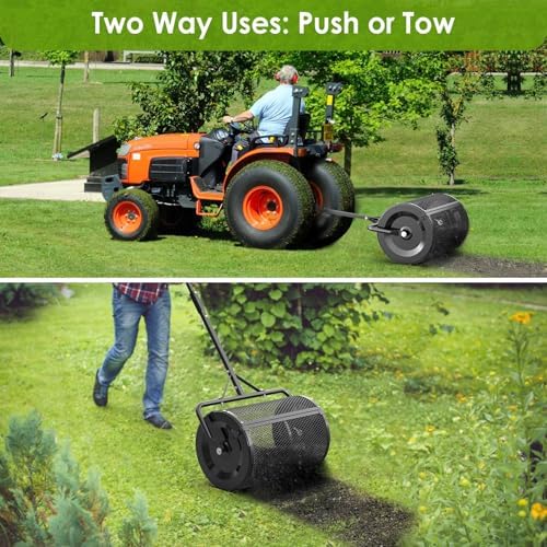 Seeutek Compost Spreader, 24" Peat Moss Spreader with 3 Heights | Push or Tow Top Soil Spreader W/Upgraded Side Latches Support Rod Powder Coated Metal Mesh Top Dressing Spreader for Lawn