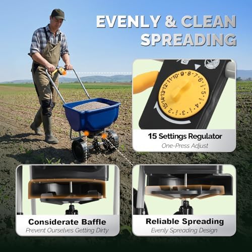 VINGLI 70lbs Fertilizer Spreader with 15 Adjustable Drop Rate, Pre-Assembled Walk-Behind Seed Spreader, with 9" Tire for Multi-Terrain, Broadcast Spreader for Lawn Care & Seed Spreading