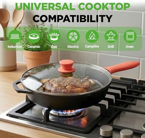 NutriChef 10 Inch Cast Iron Skillet with Lid - Pre-Seasoned Small Fry Pan with Side Drip Spout and Silicone Handle
