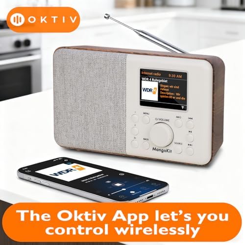 SR10 WiFi Radio, Bluetooth, FM & Internet, Walnut | 60 presets, dual alarms, colour display, OKTIV App control, podcast player, mains or AA battery, headphone jack, compact