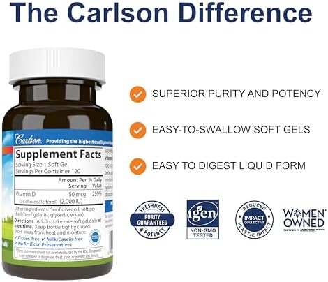 Carlson Vitamin D3, 2000 IU (50 mcg), Bone Health, 120 Softgels | Muscle Health; Cholecalciferol; Vitamin D Supplements; Vitamin D3 Soft Gels
