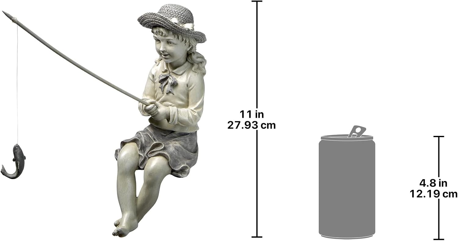 Design Toscano Frederic the Little Fisherman of Avignon Boy Fishing Garden Statue, 15 Inch Tall, Cast Stone Resin, Two Tone Stone Finish