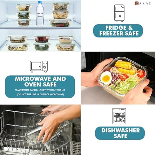 Razab 24 Pc Airtight Glass Food Storage Containers - Glass Meal Prep Containers - Freezer to Oven Safe - Steam Release Valve BPA Free - Airtight