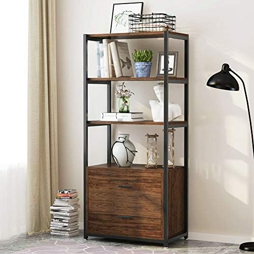 Tribesigns 4-Tier Bookcase Bookshelf with 2 Drawers (Rustic)