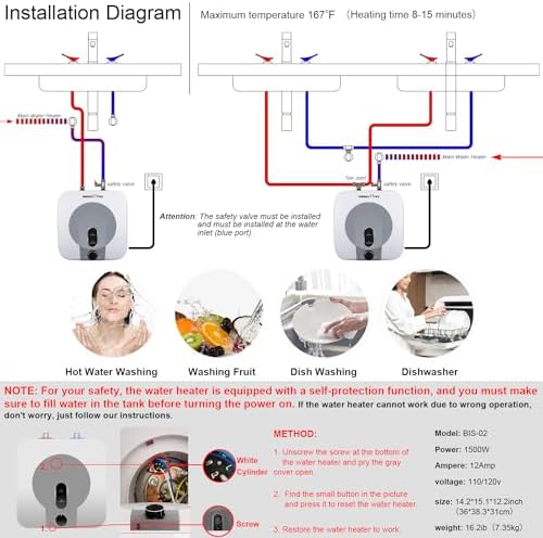 110V-120V 1440-1500W Small Under Sink Tank 2.5 Gallon Water Heater Hot Storage, Mini Instant Electric RV TR Trailer Kitchen Compact