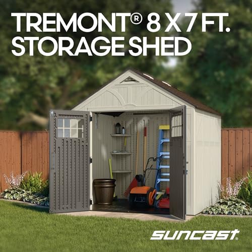Suncast 8x7 Ft. Outdoor Storage Shed - Large Resin Shed with Floor, Lockable Double Doors