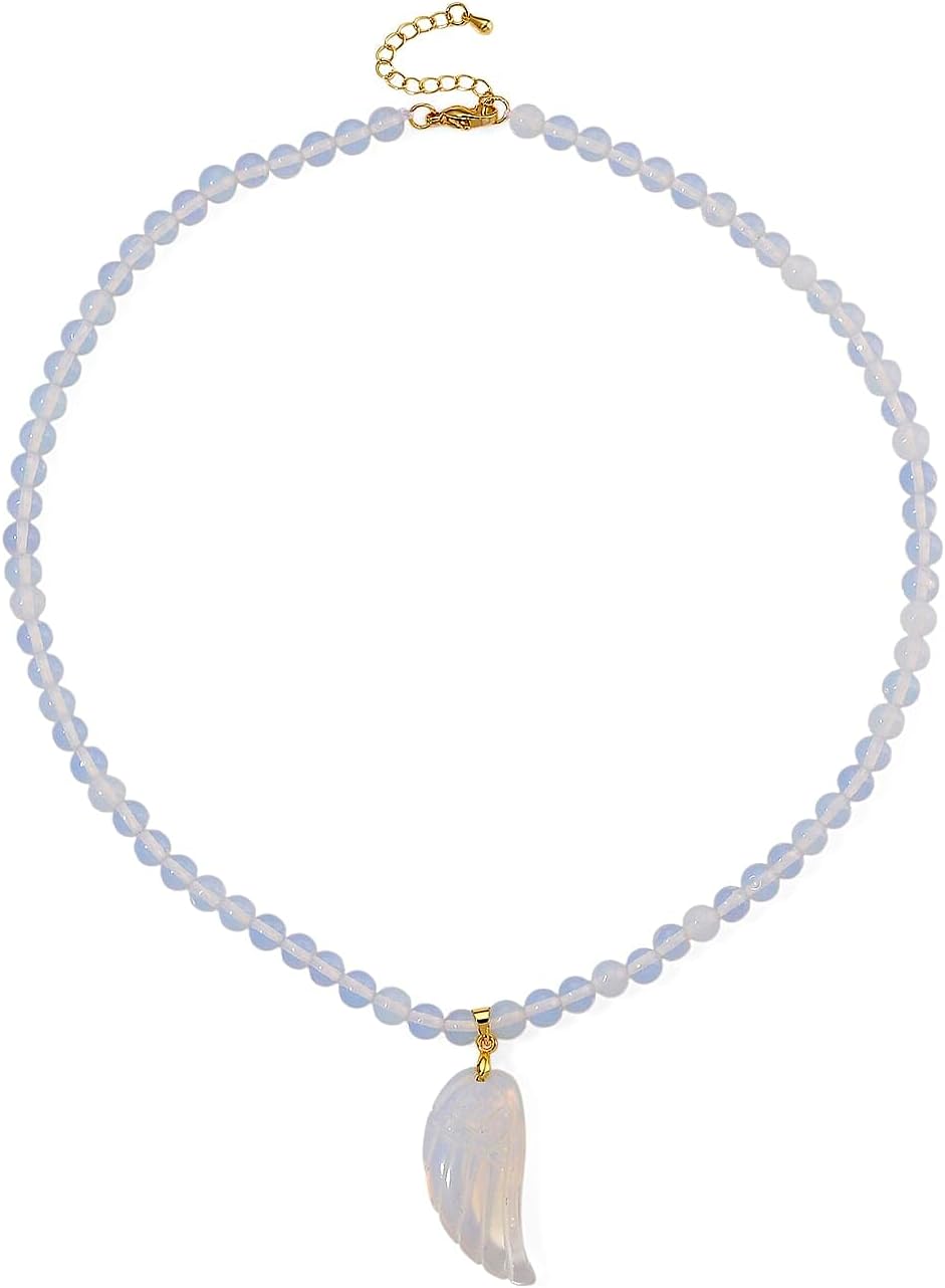 Opalite 110.00 ctw Carved Wing Pendant Beaded Necklace in Goldtone 18-20"