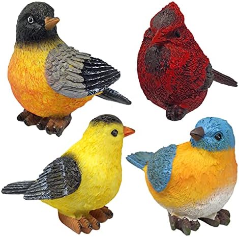 Songbird Garden Figurines Set of 4 – Cardinal, Bluebird, Goldfinch & Robin – Decorative Bird Statues for Home Décor, Spring Decorations, Crafting