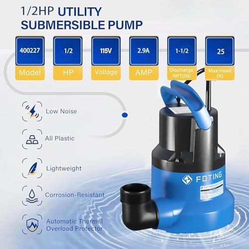 FOTING 1/2HP Submersible Water Pump with Stainless Steel Base - Removes Water to 0.04" Depth, 2450GPH Portable Sump Pump for Puddles, Pools, Boats