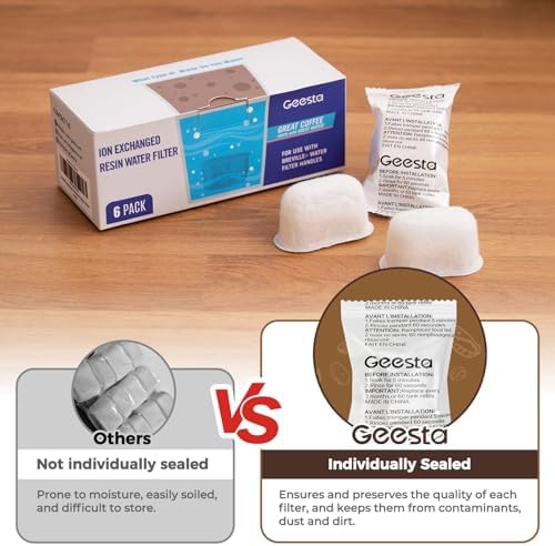 Geesta 6-Pack Resin Water Filters for Breville BWF100 | Replacement Filters for Breville Espresso Machine Barista Express, Ion Exchange Resin Softens Water, Reduces Impurities