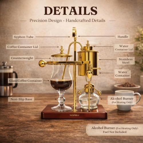 Nispira Belgium Royal Family Balance Syphon Unique Gravity Vintage Coffee Maker Vacuum Brewing System Gold 500 ml