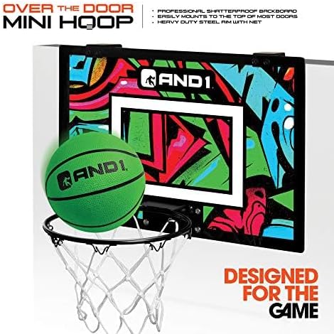 AND1 Over the Door Mini Basketball Hoop: 18x12 Shatterproof Backboard, 2 Mini Basketballs