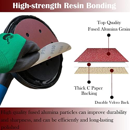 Tonmp 50 PCS 9 Inch 6 Hole Drywall Sanding Discs Set -10 Each of 60 80 120 150 240 Grits, 9" Hook-and-Loop Sandpaper for Electric Drywall Sander