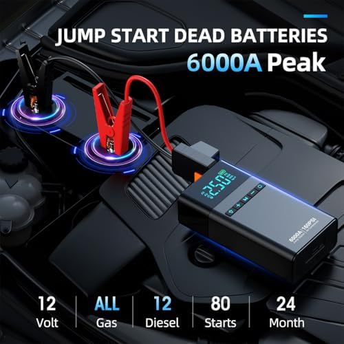 10-in-1 Portable Car Battery Jump Starter with Air Compressor, 6000A 160PSI Portable Car Jumper Starter (All Gas 12L Diesel)