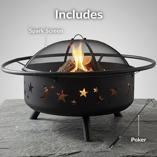 Sunnydaze Cosmic 42" Large Outdoor Fire Pit, Wood Burning, 34" Bowl Dia | Bronze, Heavy Duty Steel Metal, Includes Spark Screen, Wood Grate, & Poker, Round Backyard Firepit for Outside, Patio, Deck