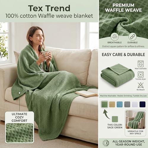 Tex Trend 100% Cotton Waffle Weave Blanket Queen Size - Soft, Breathable Cooling Blanket for Bed, Lightweight Cozy Summer & Spring Bedding, Grey, 90x90