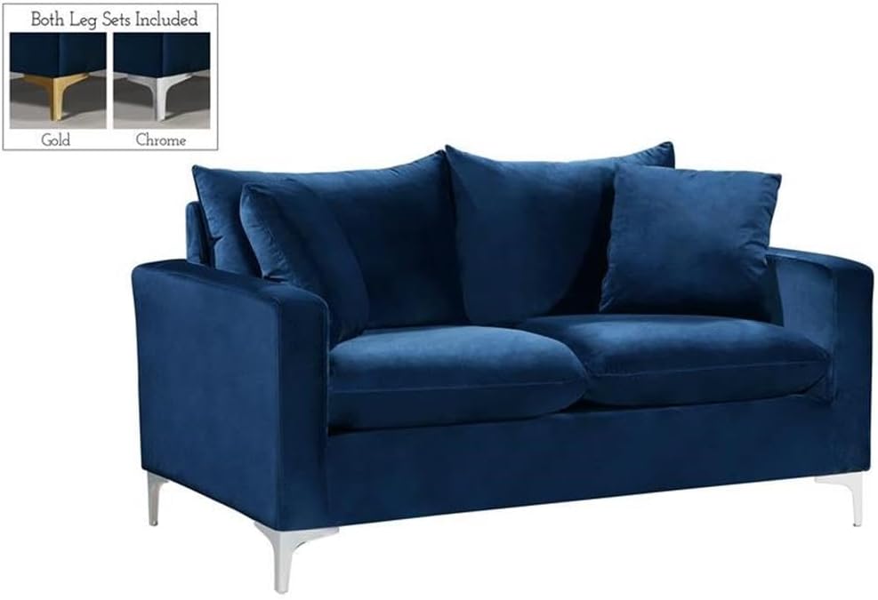 Meridian Furniture Naomi Collection Modern | Contemporary Grey Velvet Upholstered Loveseat with Stainless Steel Base in a Rich Gold or Chrome Finish, 633Grey-L
