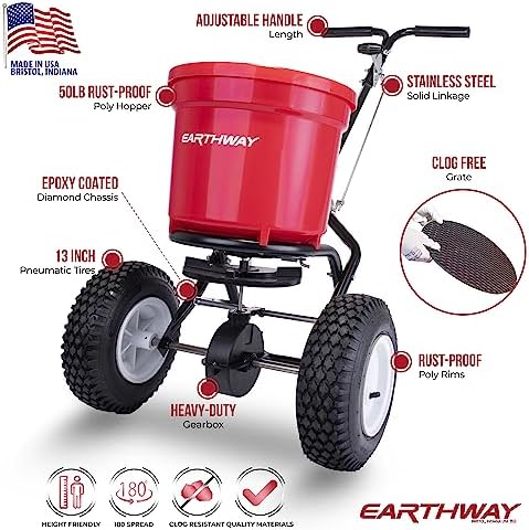 EarthWay 2150 Commercial 50 LB Broadcast Fertilizer Spreader. Heavy-Duty Walk-Behind Push Garden Seeder with Adjustable Drop Rate and Driving