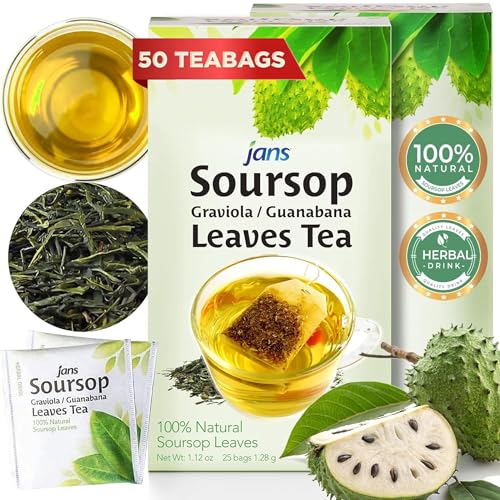 Jans Soursop Tea Bags 25 Count | 100% Natural Soursop Leaves | Caffeine Free Sour Sop Tea | Vegan Herbal Tea | Individually Wrapped Tea Bags | Cholesterol Free Sugar Free Relaxation Beverage