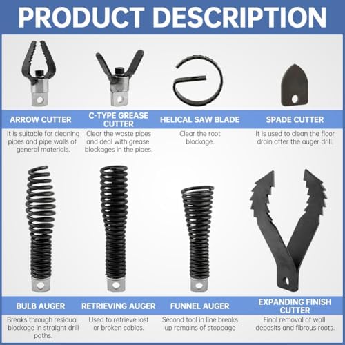 Drain-Snake Drill Attachments, Auger Cutter Kit for Roots Grease and Stubborn Clogs, Used in 50FT-100FT Electric Snakes