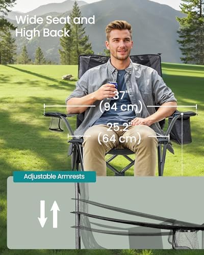 SONGMICS Camping Chair, Folding Oversized Chair, Comfortable and Heavy-Duty, 352 lb Weight Capacity, Adjustable Armrests with Cooler Bag, Storage Bag, Breathable Mesh, Bijou Blue UGCB060Q01