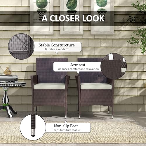 Outsunny Rattan Wicker Dining Chairs, Outdoor, 2 PCS, Dark Coffee | With Cushions, Anti-Slip Foot, Patio Stackable Chairs Set, Backyard, Garden, Lawn