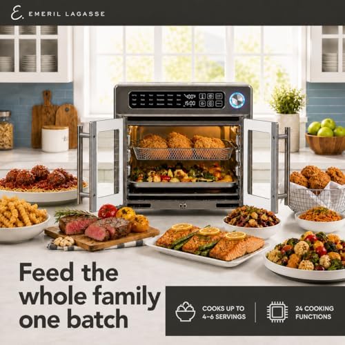 Emeril Lagasse 26QT French Door Multi-Function Air Fryer Toaster Oven | 26QT air fryer oven with French doors, 24 cooking functions