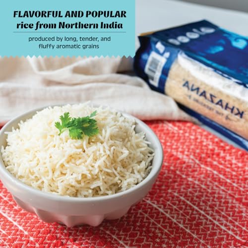 Authentic Premium Basmati Rice by Khazana in 10 lb Bag - Aromatic and Flavorful Indian Grain - Non-GMO, Gluten Free, Kosher, Cholesterol Free
