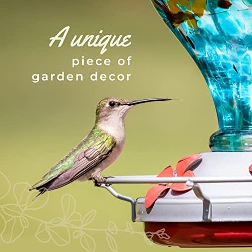 Hummingbird Feeder by Grateful Gnome - Large Hand Blown Stained Glass Feeder for Garden, Patio, Outdoors, Window with Accessories S-Hook, Ant Moat