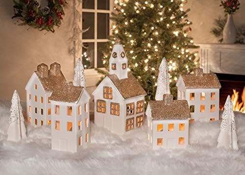 Mark Feldstein & Associates Village White Glitter 12 inch Porcelain LED Christmas Figurines 9 Piece Set
