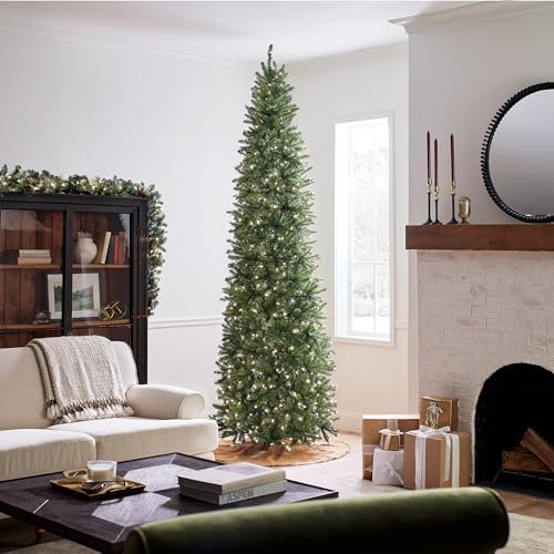 National Tree Company 7.5ft Pre-Lit Kingswood Fir Slim Christmas Tree | 350 Clear Lights, 1,075 Tips, Includes Stand, Artificial, White