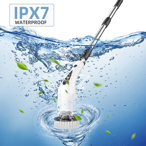Electric Spin Scrubber, 3-Speed Flat End Brush with 8 Brush Heads & Base, IPX7 Waterproof, Adjustable Long Handle, Digital Display, 2500mAh Fast Charging, for Bathroom, Tub, Tile, Floor