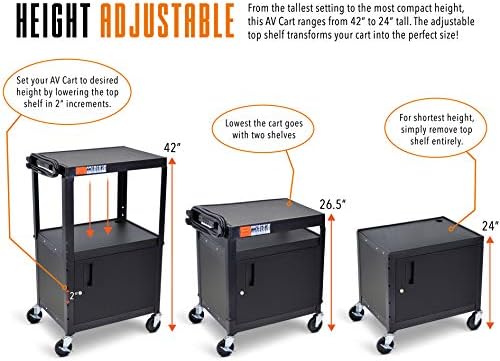 Line Leader AV Cart w/Locking Cabinet, Black Metal Utility Cart with Storage Shelf - Height Adjustable, Mobile and Great for Offices, Classrooms, Libraries (Black, 24in x 18in)