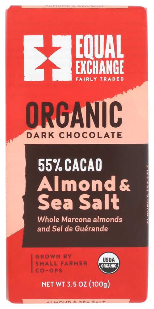 Equal Exchange Organic Dark Chocolate with Almonds & Sea Salt (55% Cacao), 3.5 oz (Pack of 10)