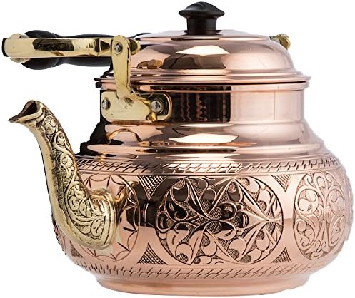 DEMMEX Handmade Engraved 1mm Thick Solid Uncoated Copper Tea Pot Kettle Stovetop Teapot, 1.6-Quart