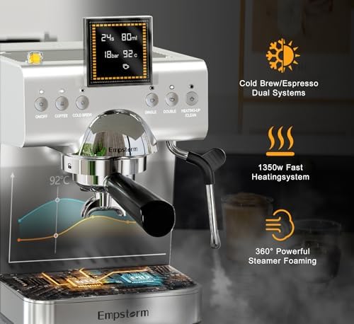 Empstorm CB2 20 Bar Espresso Machine with Milk Frother Steam 1350W Silver | LED Display Compact Espresso maker Cold Brew& Hot Coffee Maker